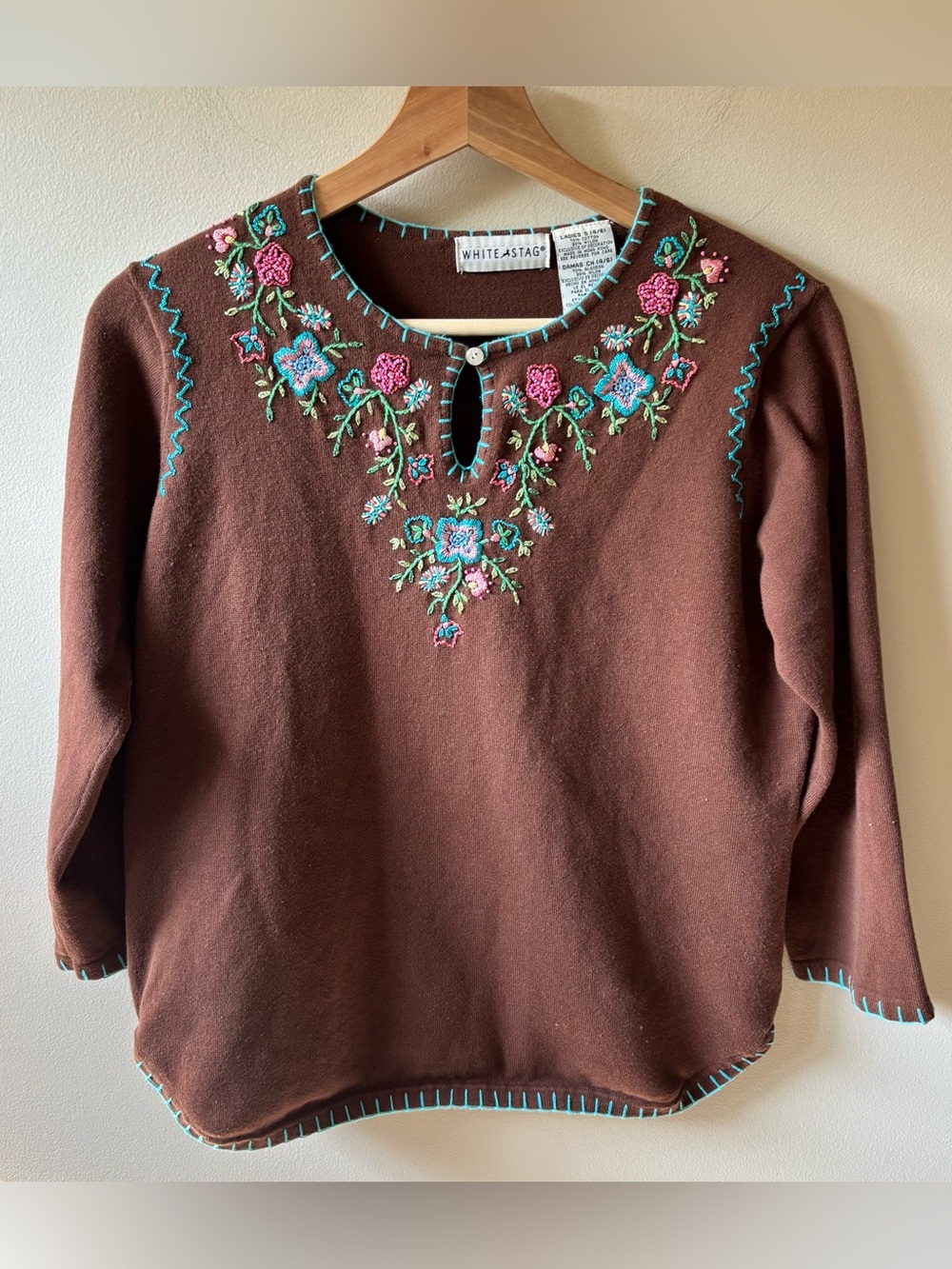 White Stag Brown Sweater with Colorful Floral Embroidery